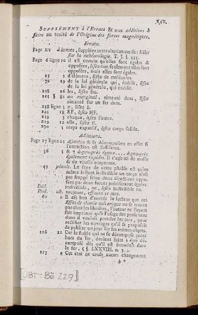 Supplément à l'Errata & aux additions faire à faire au traité de l'Origine des forces magnètiques