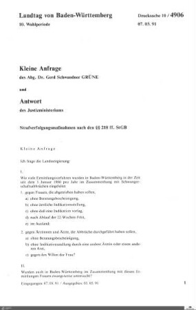 Anfrage der Grünen: Strafverfolgungsmaßnahmen nach §218 StGB (Abtreibung)