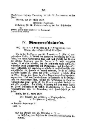 Formelle Behandlung der Regulirung von Elementar-Schul-Verhältnissen : [IV. Elementarschulwesen]
