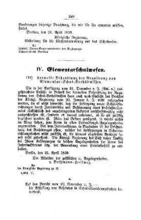 Formelle Behandlung der Regulirung von Elementar-Schul-Verhältnissen : [IV. Elementarschulwesen]