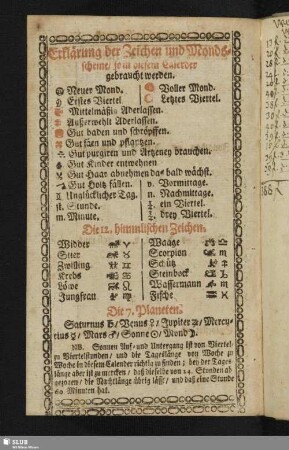 Erklärung der Zeichen und Mondsscheine, so in diesem Calender gebraucht werden