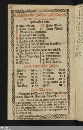 Erklärung der Zeichen und Mondsscheine, so in diesem Calender gebraucht werden