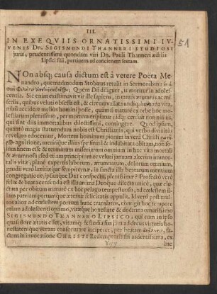 III. In Exequiis Ornatissimi Iuvenis Dn. Sigismundi Thanneri Studiosi iuris, pridentissimi quondam viri Dn. Pauli Thanneri aedilis Lipsici filii, pertinens ad concionem sextam