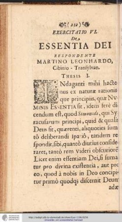 EXERCITATIO VI. De ESSENTIA DEI RESPONDENTE MARTINO LEONHARDO ...