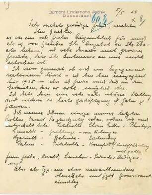 Brief von Gustaf Gründgens an Louise Dumont und Gustav Lindemann