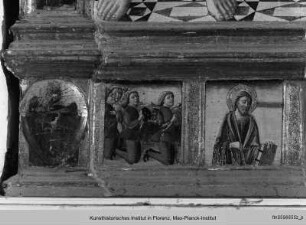 Thronende Madonna mit dem Kind, dem Heiligen Sebastian und dem Heiligen Rochus : Schmerzensmann, Heilige und Stifter