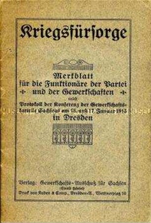 Informationsschrift für Gewerkschaftsfunktionäre mit dem Protokoll der Konferenz der Gewerkschaftskartelle Sachsens