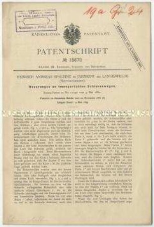 Patentschrift einer Neuerung an transportablen Schienenwegen, Patent-Nr. 15670