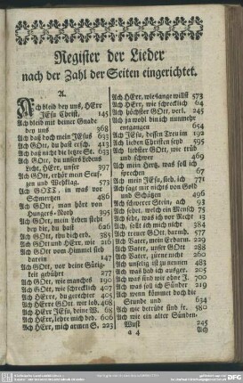 Register der Lieder nach der Zahl der Seiten eingerichtet