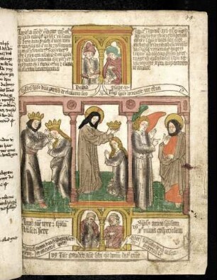 (1) Antitypus: Marienkrönung; Typen: (2) Die Braut des Hohenliedes kniet vor ihrem Bräutigams, der sie krönt; (3) Ein Engel vor Johannes; (4) Propheten-Brustbilder