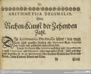 ARITHMETICA DECIMALIS. Oder Rechen-Kunst der Zehenden Zahl.