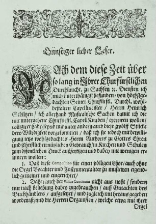 Heinrich Schütz: Zwölf geistliche Gesänge op. 13 : Heinrich Schütz: Zwölf geistliche Gesänge op. 13. Erste Seite der Vorrede von Christoph Kittel, mit Holzschnitt-Vignette. Dresden: W. Seyffert, 1657. Buchdruck; 26,4 x 19,3 cm. Dresden: SLUB Mus.Pi.7,7