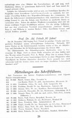 Mitteilungen des Schriftführers.