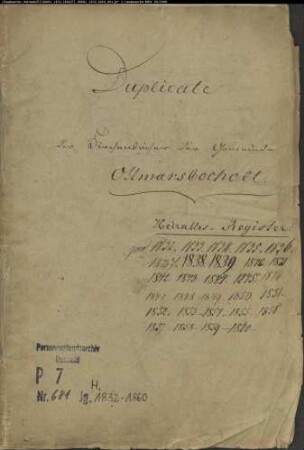 Kirchenbuchduplikate der Katholischen Gemeinde Ottmarsbocholt (Heiraten 1832-1860). (Gemeinde: Ottmarsbocholt, Katholische Gemeinde)