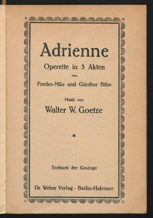 Adrienne : Operette in 3 Akten