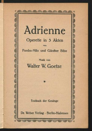 Adrienne : Operette in 3 Akten