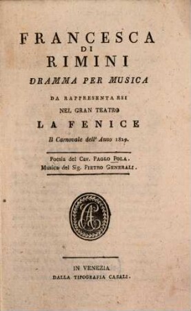 Francesca di Rimini : Dramma per musica