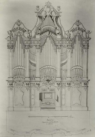 Bähr, George (zugeschrieben): Prospekt der Silbermannorgel (1718-1720, op. 14) in der Sophienkirche Dresden. Aufriß und Grundriß. Zeichnung, um 1720. Dresden: Kupferstich-Kabinett Blatt 99058