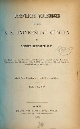 Vorlesungsverzeichnis. 1893. SS