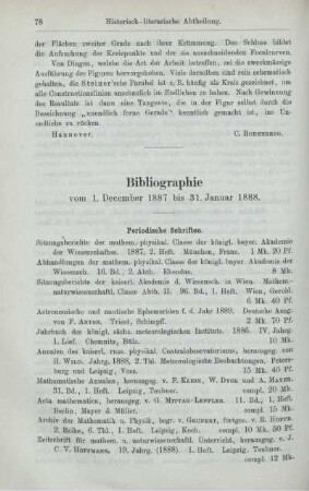 Bibliographie vom 1. December bis 31. Januar 1888.