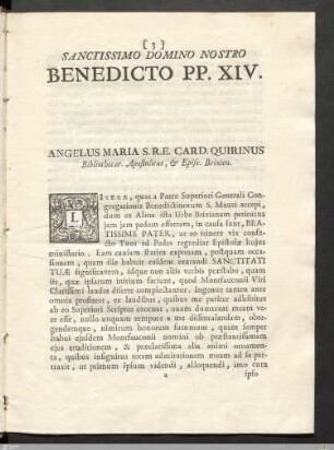 Sanctissimo Domino Nostro Benedicto PP. XIV.