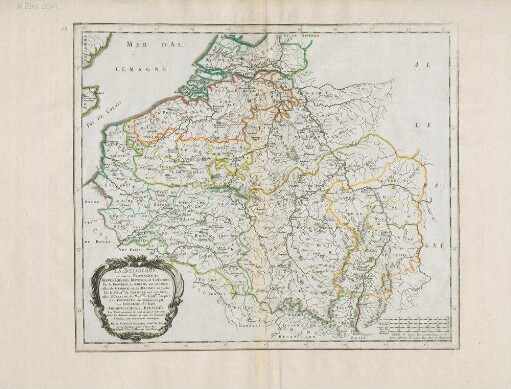 La Belgicque, ou sont les Provinces de Treves, Rheims, Mayence, et Cologne : De la Province de Rheims ont esté tirees celles de Cambray, et de Malines en partie : De la Prov[in]ce de Cologne ont esté tirées celles d'Utrecht, de Mal[i]nes et Cambray en part