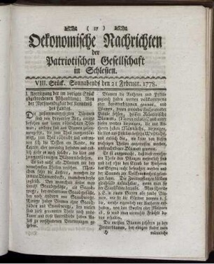 VIII. Stück. Sonnabends den 21 Februar. 1778.