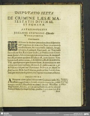 Disputatio Sexta De Crimine Laesae Maiestatis Divinae, Et Humanae
