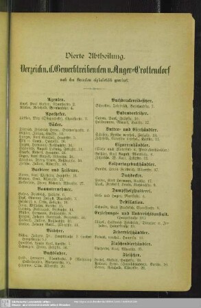 Vierte Abtheilung. Berufsklassen und Gewerbebetriebe : Vierte Abtheilung. Verzeichniß der Gewerbtreibenden v. Anger-Crottendorf