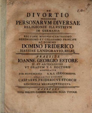 De Divortio Praesertim Personarvm Diversae Religionis Illustrivm In Germania