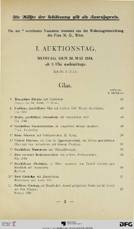 I. Auktionstag: Montag, den 28. Mai 1934, ab 3 Uhr nachmittags (Nr. 1-214)