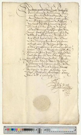 Herzog Ernst II. zu Braunschweig-Lüneburg quittiert dem Lüneburger Stadtrat den Empfang von 2000 Gulden lübisch Jahrespension zustehend aus dem Vertrag von 1562. Eigenhändige Unterschrift.