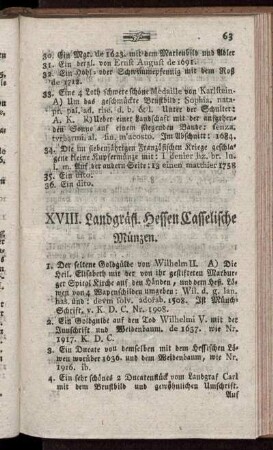 XVIII. Landgräfl. Hessen Casselische Münzen.