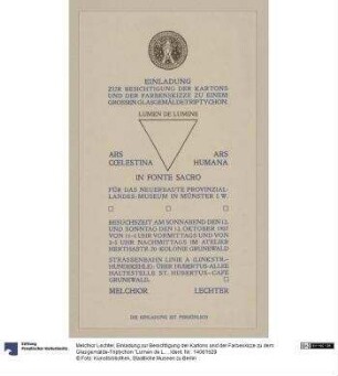 Einladung zur Besichtigung der Kartons und der Farbeskizze zu dem Glasgemälde-Triptychon "Lumen de Lumine" von Melchior