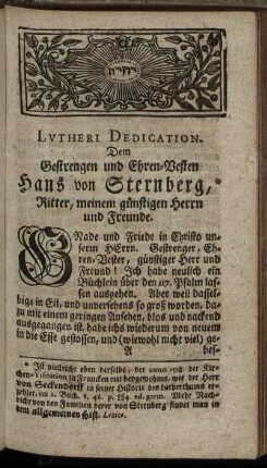 Lutheri Dedication. Dem Gestrengen und Ehren-Vesten Hans von Sternberg [...]