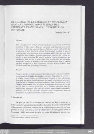 De L'Usage De La Citation Et Du Plagiat Dans Les Productions Écrites Des Étudiants Francisants: L'Exemple En Roumanie Danielle Ömer