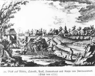 Leipzig-Zweinaundorf. Ortsansicht mit Bockmühle, 1772, Repro