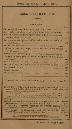 Table des matières. Avril 1880.