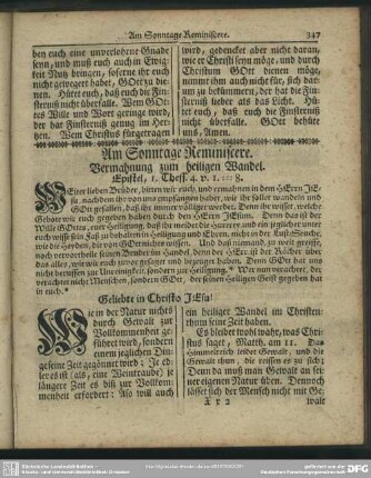 Am Sonntage Reminiscere. Vermahnung zum heiligen Wandel. Epistel, 1. Thess. 4. v. 1 - 8