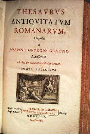 Thesaurus Antiquitatum Romanarum : in quo continentur Lectissimi quique scriptores, qui superiori aut nostro seculo Romanae reipublicae rationem, disciplinam, leges, instituta, sacra, artesque togatas ac sagatas explicarunt & illustrarunt ; Accesserunt variae & accuratae tabulae aeneae, 11