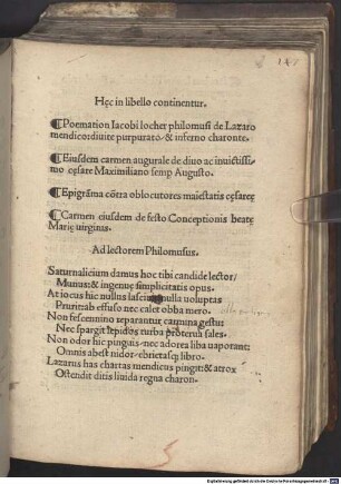Haec in libello continentur: Poemation de Lazaro mendico. Carmen inaug. de D. Caes. Maximiliano. Epigrammata contra oblocutores Mai. Caes. Carmen de festo Conceptionis B. Mariae V.