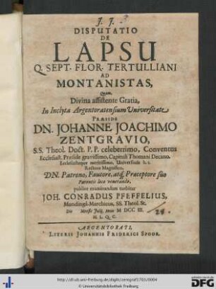 Disputatio De Lapsu Q. Sept. Flor. Tertulliani Ad Montanistas
