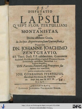 Disputatio De Lapsu Q. Sept. Flor. Tertulliani Ad Montanistas