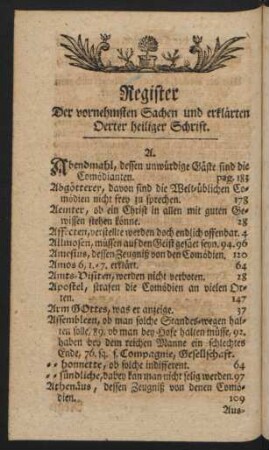 Register Der vornehmsten Sachen und erklärten Oerter heiliger Schrift.