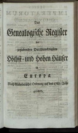 Das Genealogische Register der jetztlebenden Durchlauchtigsten Höchst- und Hohen Häuser in Europa. Nach Alphabetischer Ordnung auf das 1781. Jahr gerichtet.