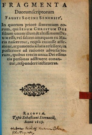 Fragmenta duorum scriptorum Fausti Socini