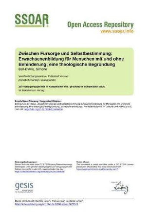Zwischen Fürsorge und Selbstbestimmung: Erwachsenenbildung für Menschen mit und ohne Behinderung; eine theologische Begründung