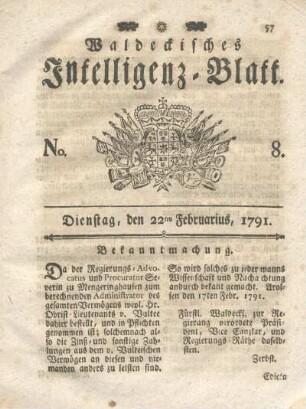 No. 8, Dienstag, den 22ten Februarius, 1791