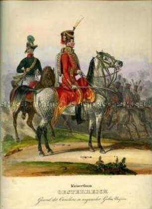 Uniformdarstellung, Generalmajor und Adjutant in ungarischer Gala-Uniform zu Pferd, Kaiserreich Österreich, 1835. Tafel 172 im Buch: Eckert/Monten: Das deutsche Bundesheer.