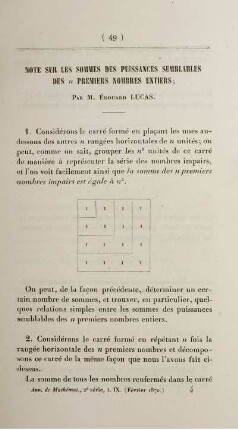 Note sur les sommes des puissances semblables des n premiers nombres entiers.